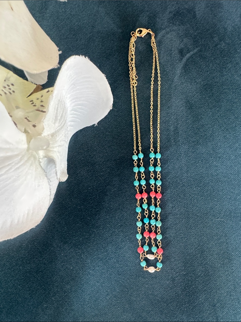 Gold-Tone Double Strand Beaded Necklace with Turquoise and Pink Accents